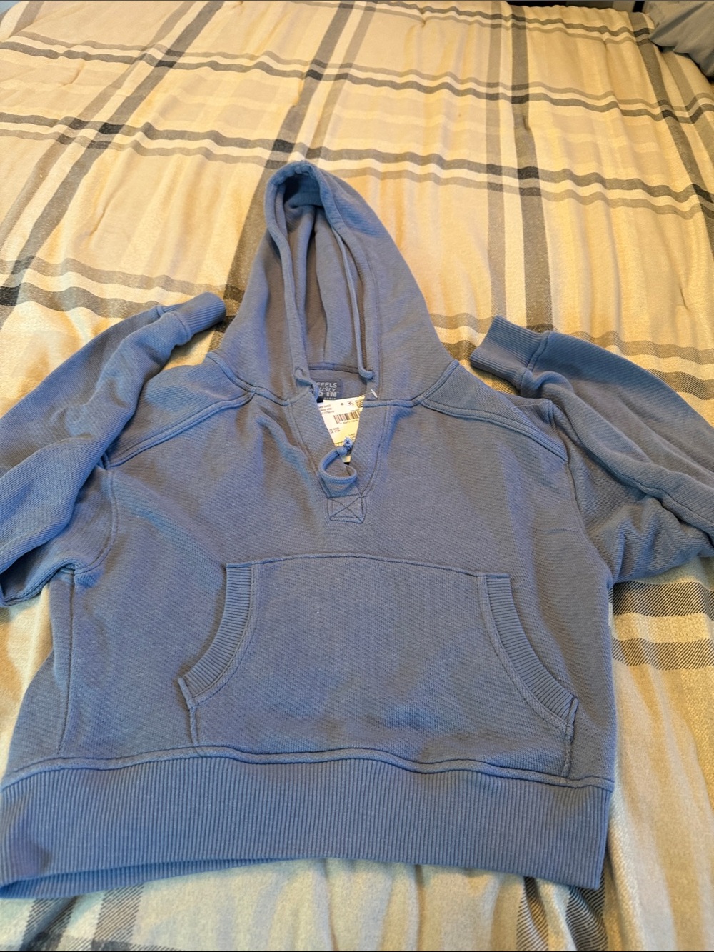 American Eagle Outfitters Blue Hooded Waffle-Knit Pullover
